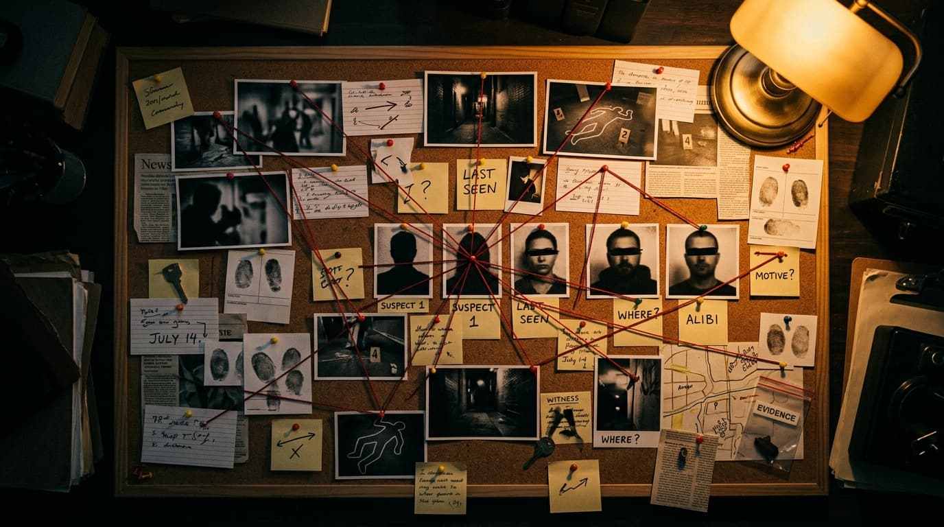Red string board connecting suspects and evidence